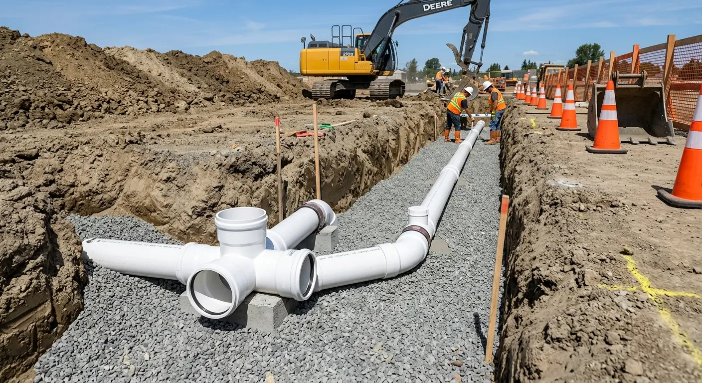 New PVC sewer pipe installation in open trench for Sewer Backup in Wayne