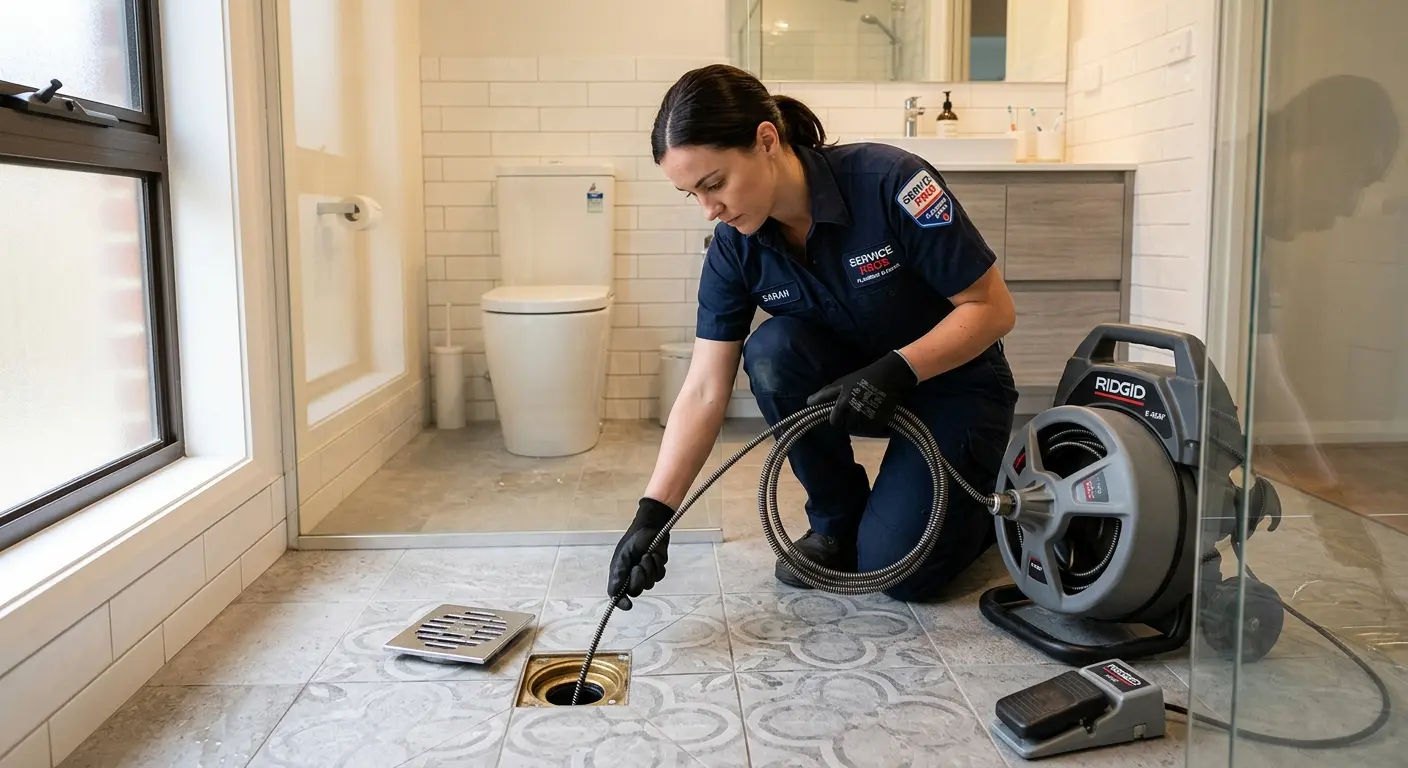 Technician clearing a bathroom floor drain for Drain Repair in Wayne
